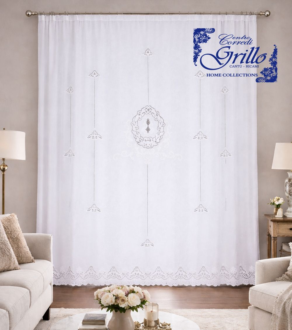 Segesta pannello tenda puro lino Bellora ricamo a mano intaglio